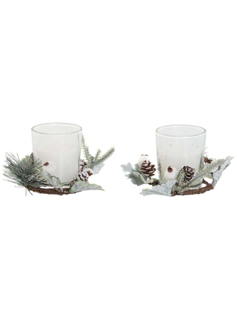 Set Di 2 Candele In Cera In Cristallo Pigne E Rametti Di Pino