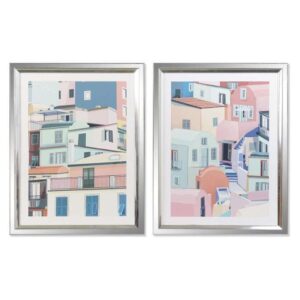 Set di 2 Quadri Case di Città Colori Pastello