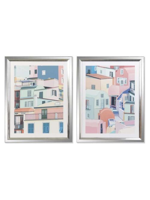 Set di 2 Quadri Case di Città Colori Pastello