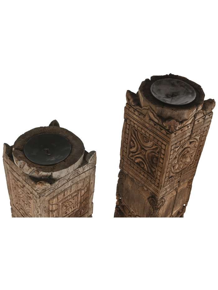 Colonna Portacandela In Legno Naturale Riciclato Intagliata