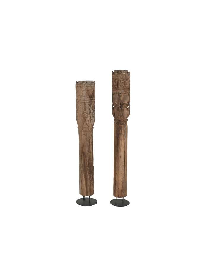 Colonna Portacandela In Legno Naturale Riciclato Intagliata