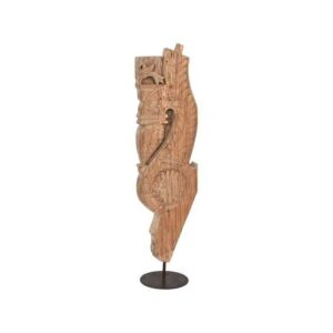 Scultura Astratta in Legno Antico con Supporto Metallico