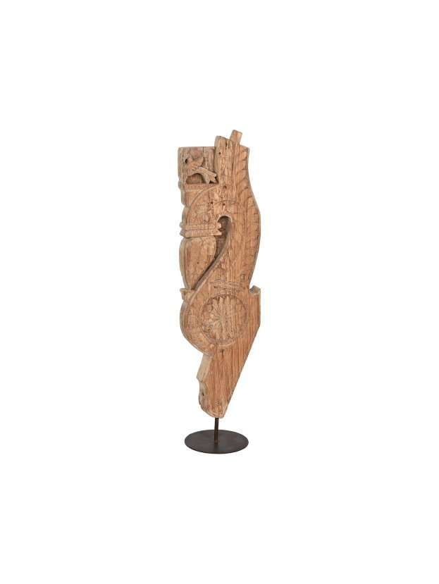 Scultura Astratta In Legno Antico Con Supporto Metallico