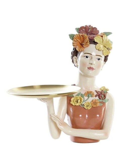 Figura Decorativa Frida in Resina con Vassoio in Metallo