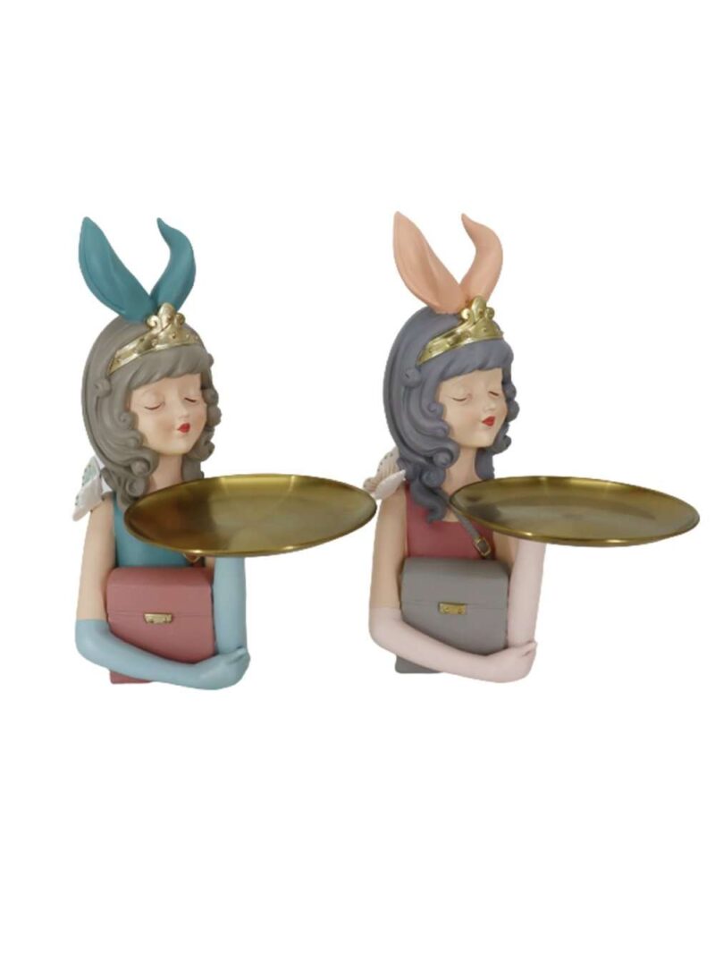 Figura Decorativa Donna In Resina Con Vassoio