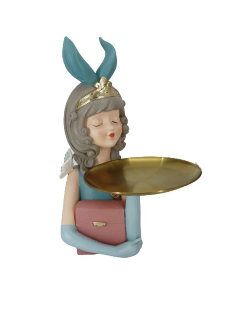 Figura Decorativa Donna In Resina Con Vassoio In Metallo