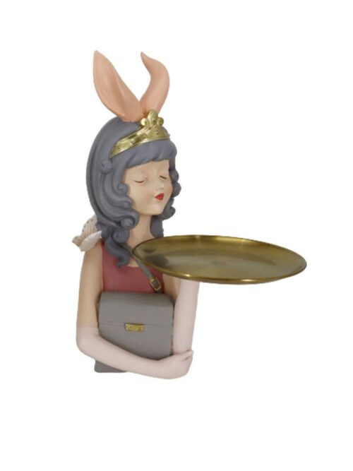 Figura Decorativa Donna in Resina con Vassoio in Metallo