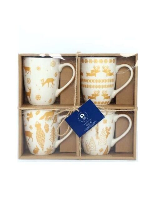 Set 4 Tazze in Porcellana con Decori Natalizi