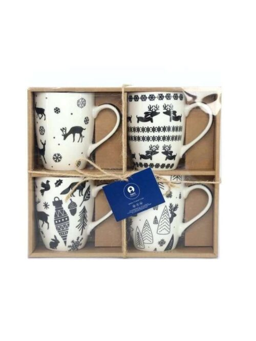 Set 4 Tazze in Porcellana con Decori Natalizi
