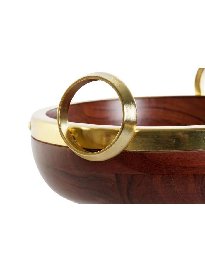 Insalatiera In Acacia Marrone Con Finitura In Alluminio Dorato