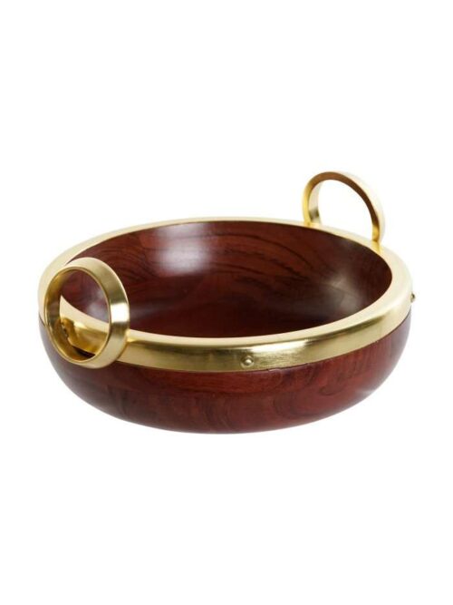 Insalatiera in Acacia Marrone con Finitura in Alluminio Dorato