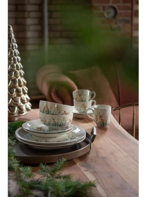 Piatto in Ceramica Bianco con Cervo e Decori Verde