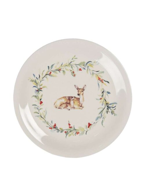 Piatto in Ceramica Bianco con Cervo e Decori Verde
