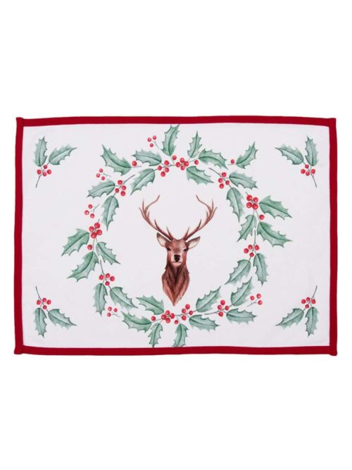 Set di 6 Tovagliette Natalizie in Cotone Bianco con Cervo e Agrifoglio