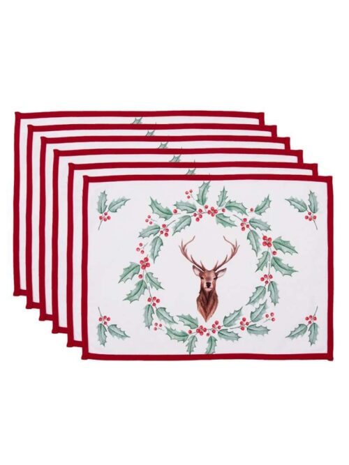 Set di 6 Tovagliette Natalizie in Cotone Bianco con Cervo e Agrifoglio
