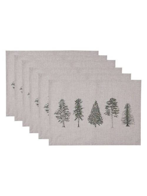 Set di 6 Tovagliette Natalizie in Cotone Beige con Alberi