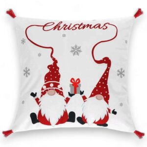 cuscino natalizio, cuscino gnomi, decorazioni natalizie, cuscino ricamato, arredamento Natale, cuscino bianco