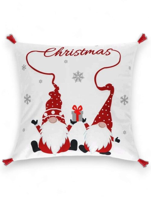 cuscino natalizio, cuscino gnomi, decorazioni natalizie, cuscino ricamato, arredamento Natale, cuscino bianco