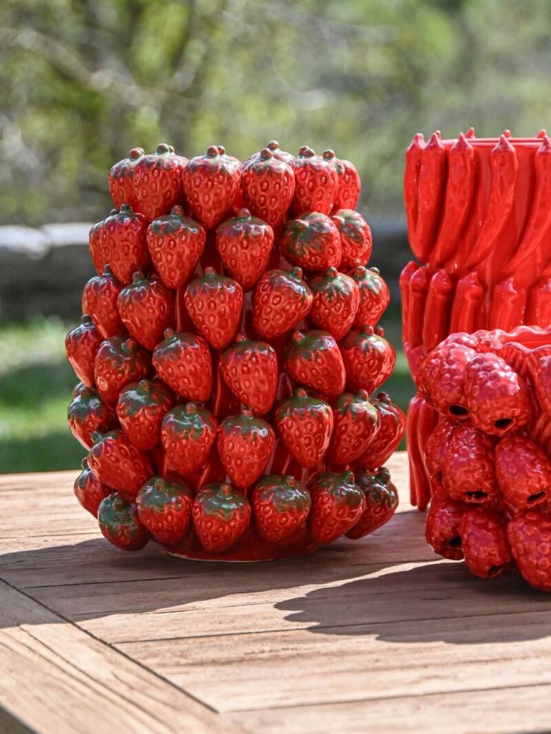 Vaso In Gres Porcellanato Con Motivo Di Fragole Rosso