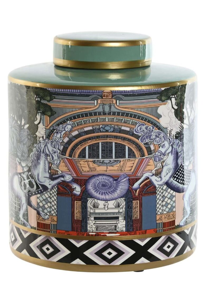Vaso Porcellana Con Coperchio Motivi Giocosi Multicolor