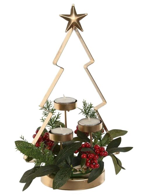 Portacandele in Metallo Dorato a Forma di Albero di Natale con Stella
