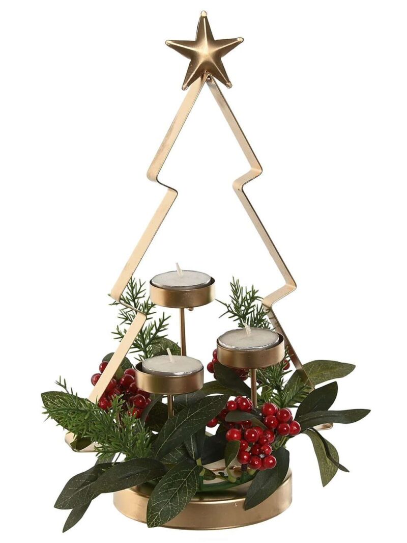 Portacandele In Metallo Dorato A Forma Di Albero Di Natale Con Stella