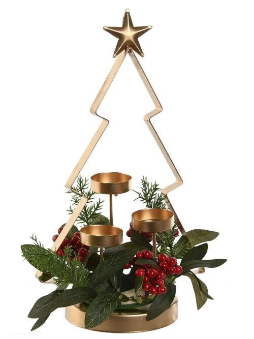 Portacandele in Metallo Dorato a Forma di Albero di Natale con Stella