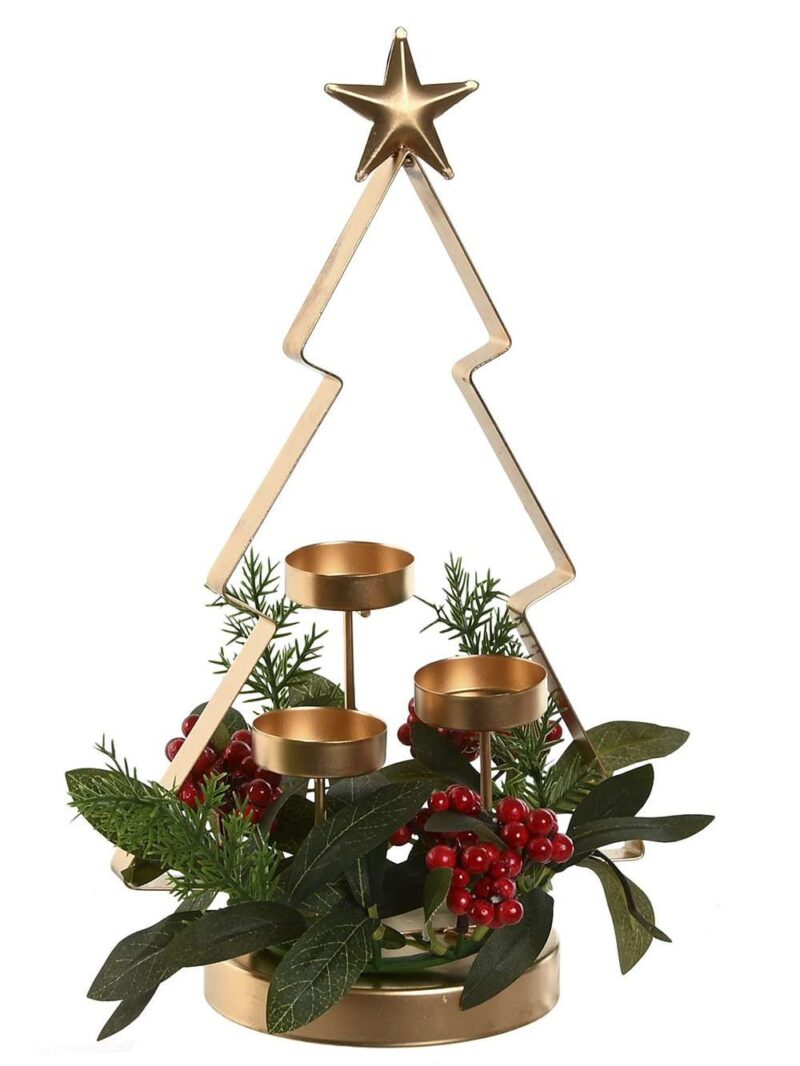 Portacandele In Metallo Dorato A Forma Di Albero Di Natale Con Stella