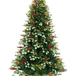 Albero di Natale LED in PVC Eucalipto Verde e Decorazioni Rosse