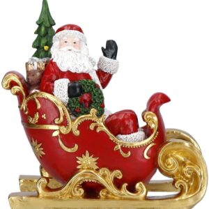 Babbo Natale sulla Slitta con Doni in Resina Rosso e Oro