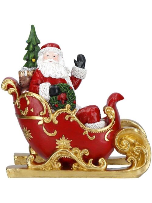 Babbo Natale sulla Slitta con Doni in Resina Rosso e Oro