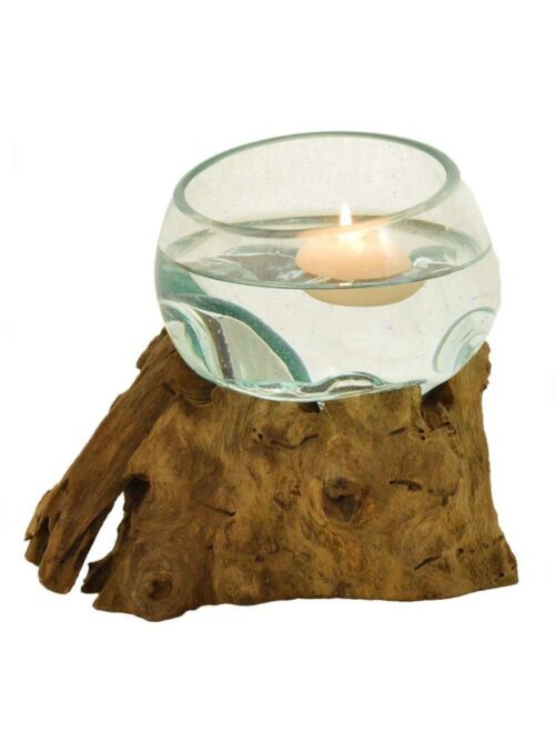 Portacandele Unico in Vetro e Legno Naturale 10 cm