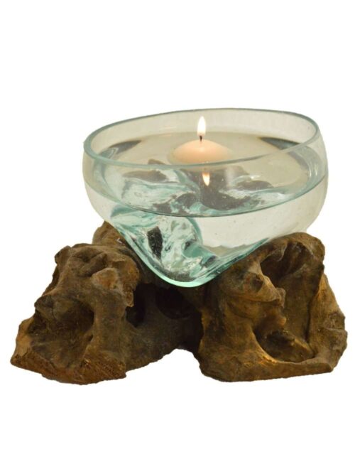 Portacandele Unico in Vetro e Legno Naturale 15 cm