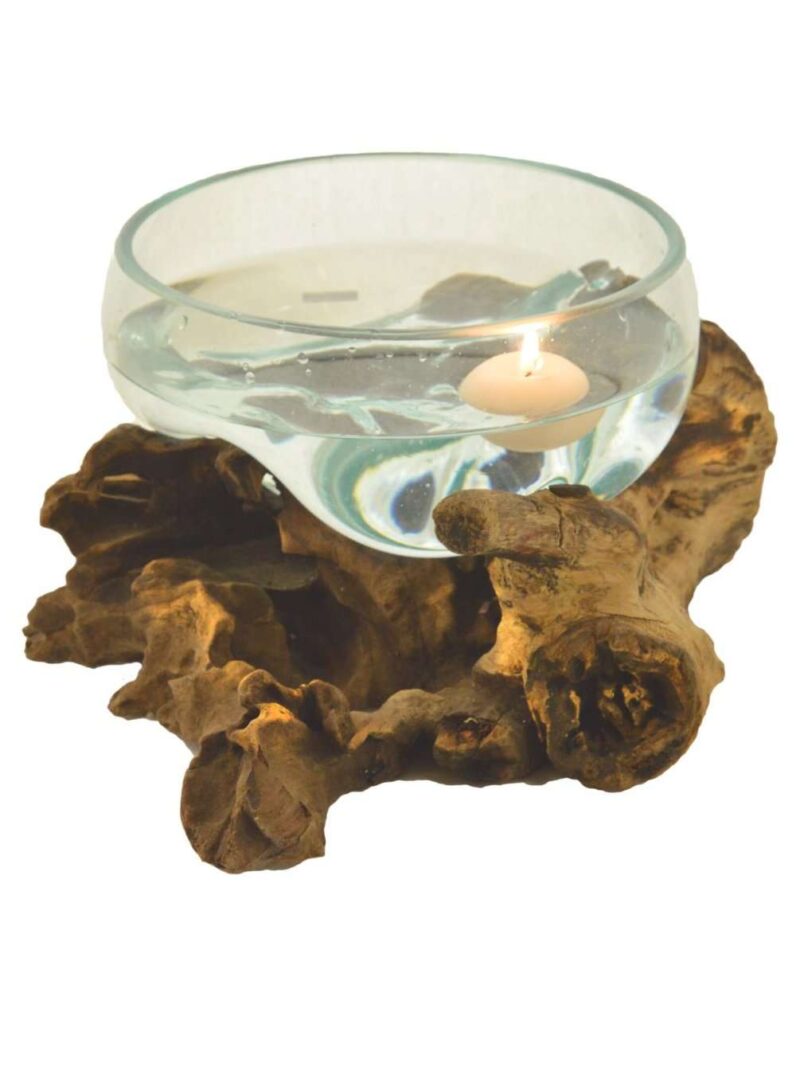 Portacandele Unico In Vetro E Legno Naturale 20 Cm