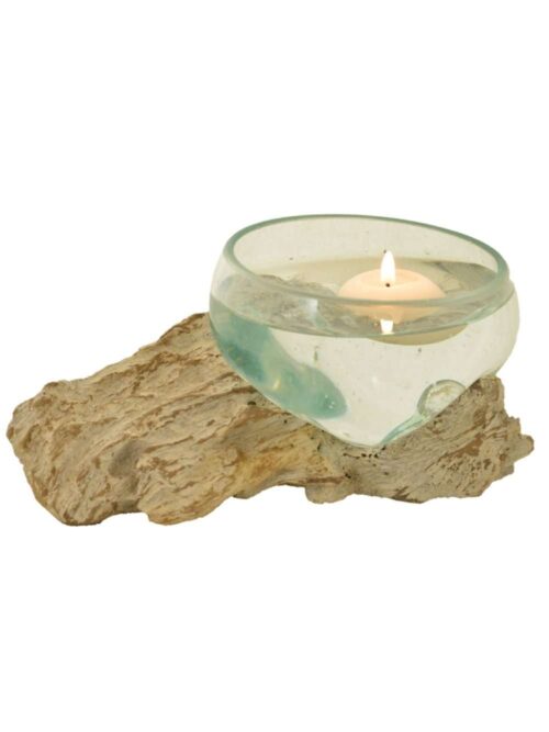 Portacandele Unico in Vetro e Legno White Wash 10 cm