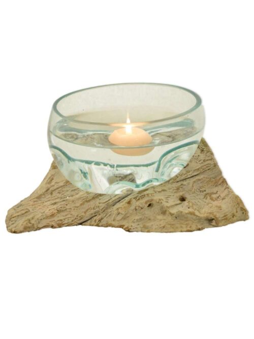 Portacandele Unico in Vetro e Legno White Wash 15 cm