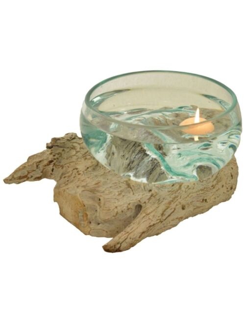 Portacandele Unico in Vetro e Legno White Wash 20 cm