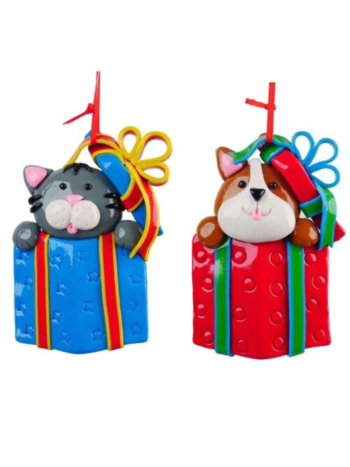 Cane Gatto su Scatola Regalo Ornamento per Albero