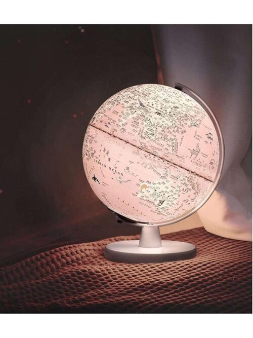 Mappamondo Rosa con Base Bianca e Luce Interna