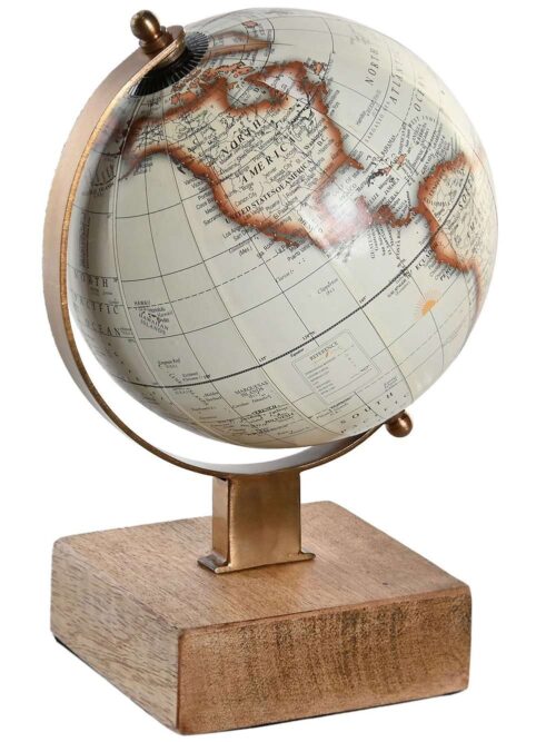 Mappamondo Decorativo Marrone in PVC con Base in Legno di Mango
