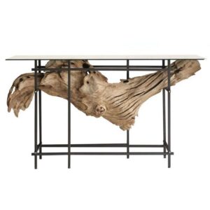 Consolle in Legno Naturale Teak Metallo e Piano in Vetro