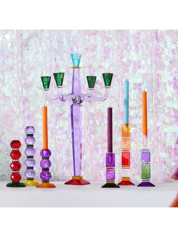 Portacandele Viola Elegante, Candelabro 5 Fiamme Vetro, Portacandele Fancy Crystal, Decorazione Tavola Sofisticata, Centrotavola Candele Vetro, Portacandele Alto Design Moderno