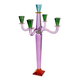 portacandele viola elegante, candelabro 5 fiamme vetro, portacandele Fancy Crystal, decorazione tavola sofisticata, centrotavola candele vetro, portacandele alto design moderno