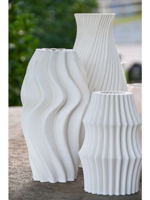 Vaso in Gres Porcellanato 3D Bianco con Motivo a Onda