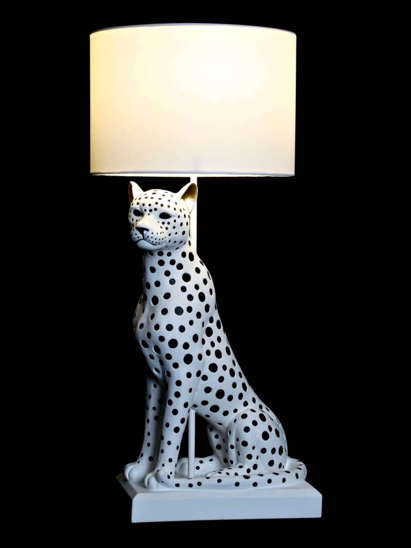 Lampada Da Tavolo Leopardo In Resina Con Paralume Bianco