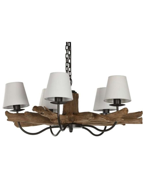 Lampadario da Soffitto in Teak e Ferro con Paralumi Beige