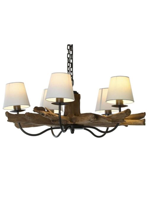 Lampadario da Soffitto in Teak e Ferro con Paralumi Beige