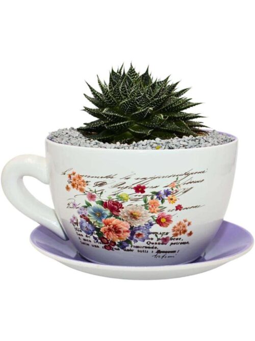 Grande Tazza per Piante in Ceramica con Fiori Design Viola Bianco