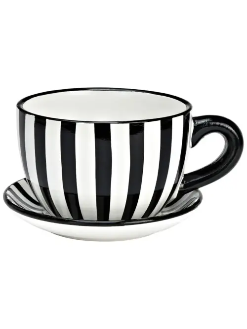 Grande Tazza per Piante in Ceramica Bianca a Righe Nere Design Moderno 25x14x23 cm