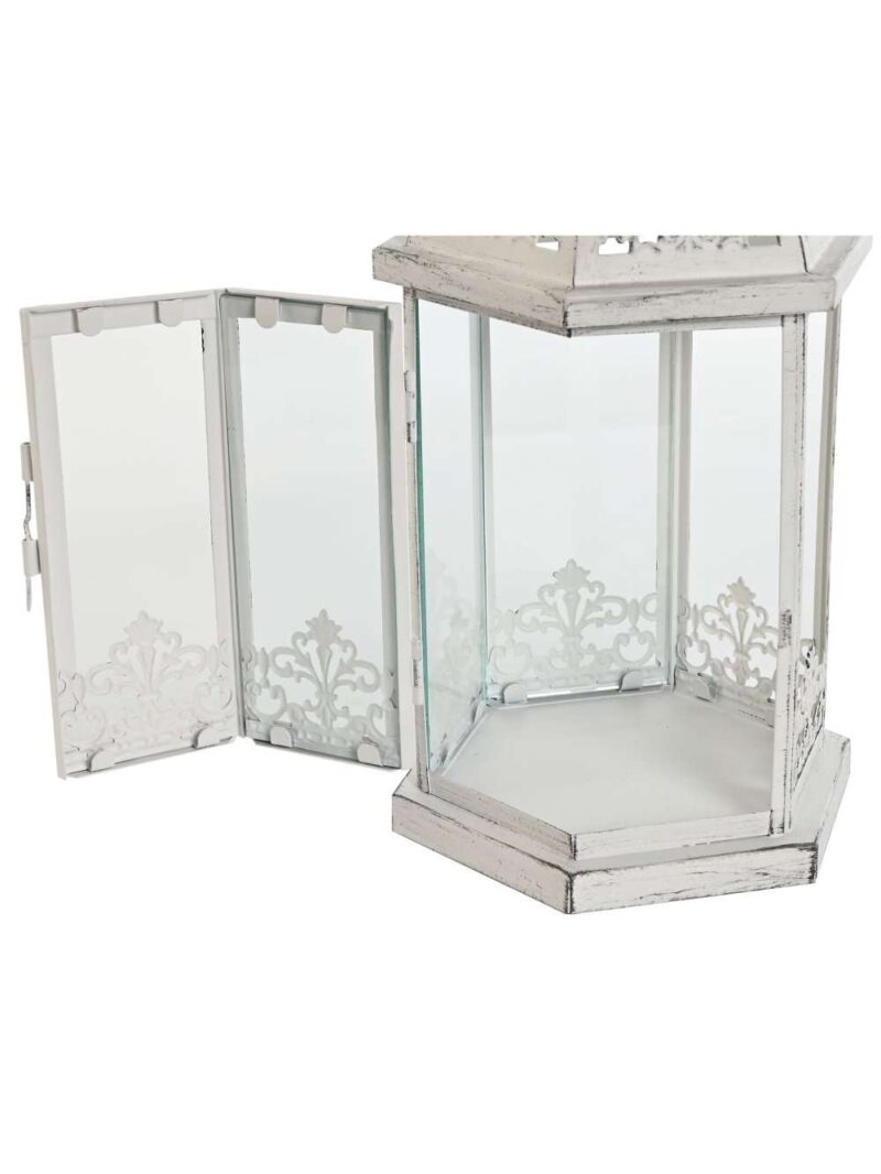 Set Di 2 Lanterne In Metallo Bianco Invecchiato Con Inserti In Cristallo